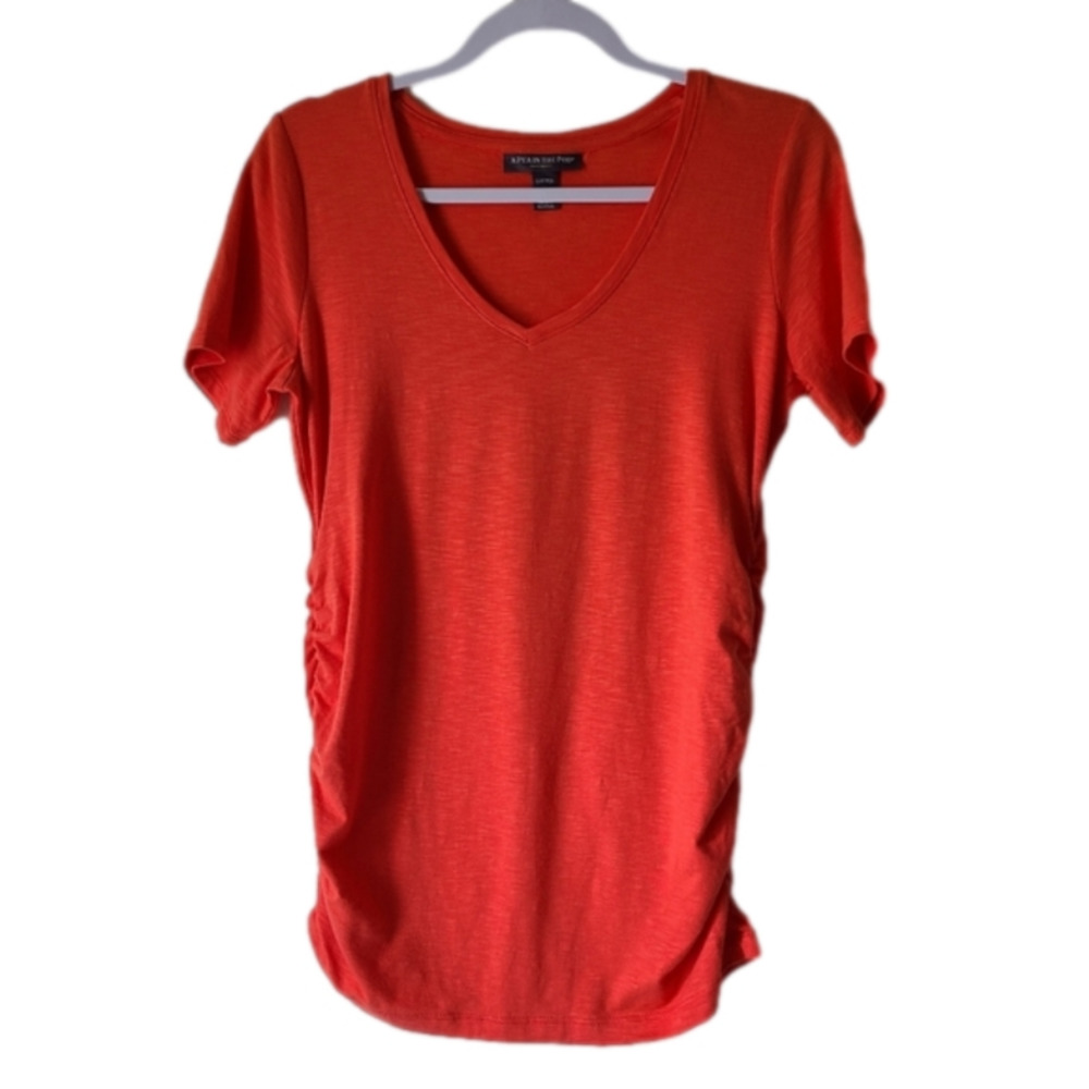 A Pea in the Pod Orange Maternity Ruched Top Sz S V- Neck Short Sleeve Shirt